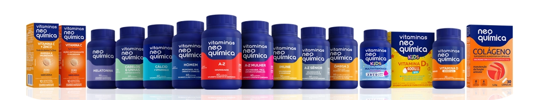 Pack de embalagens de todas vitaminas Neo Química.